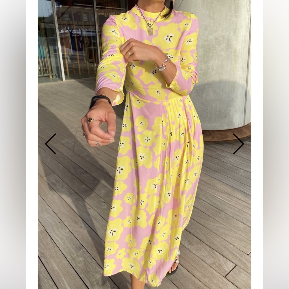 Never Fully Dressed Floral Prink & Yellow Fruit Motif Long Sleeve Midi Dress